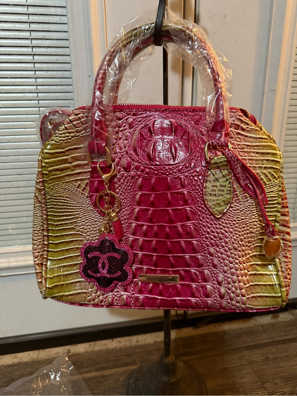 Hot Pink and Yellow Croc-Embossed Dome Satchel